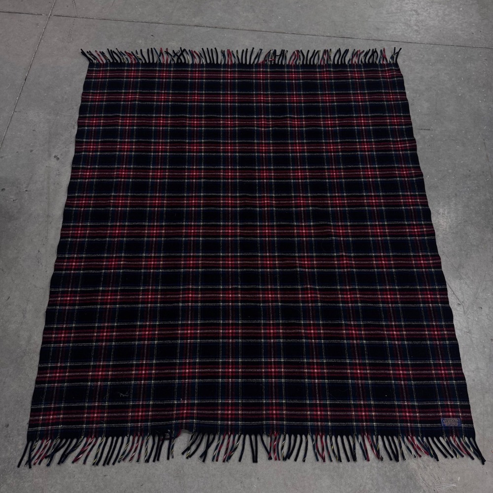 Vintage 1930s Pendleton Woolen Mills Plaid Blanket Navy Red 100% Virgin Wool